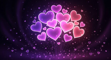 Glowing heart shapes cluster with bokeh lights and sparkles on dark background