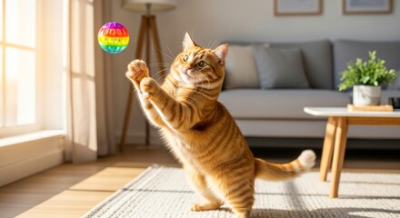 A playful ginger cat leaps in the air, chasing a colorful rainbow-striped ball in a sunlit living room.