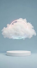 Floating cloud with neon ring above minimalist pedestal on pastel background