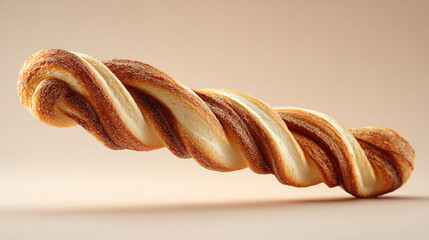 A freshly baked cinnamon twist pastry with a beautiful spiral design on a soft, neutral background.