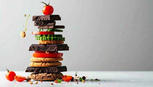 Surreal balancing act of stacked food creating an impossible tower of sweet and savory ingredients against a minimalist background