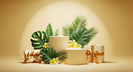Tropical botanical arrangement with gift boxes and podiums on a warm background
