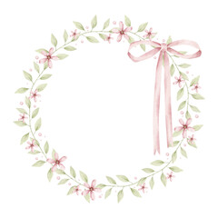 It's a girl. Watercolor hand-drawn circle wreath with bow and tenderness leaves and pink flowers. Template card for design baby shower, gender reveal party and nursery.