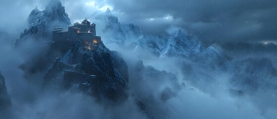 Fototapeta premium Ancient mountain fortress surrounded by winter mist high resolution picture