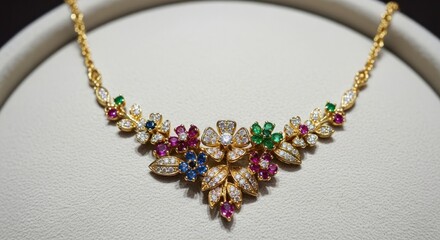 A gold necklace adorned with multicolored gemstones and diamonds, creating a floral design.