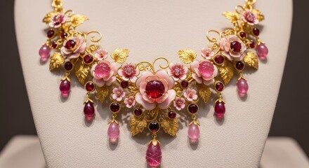 A lavish gold necklace adorned with intricate floral designs, precious pink and red gemstones, and delicate filigree work.