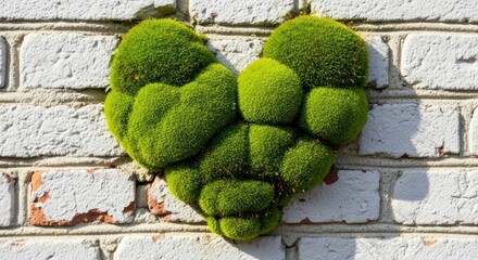 Vibrant Moss Heart Clinging to a Sunlit, Weathered White Brick Wall.