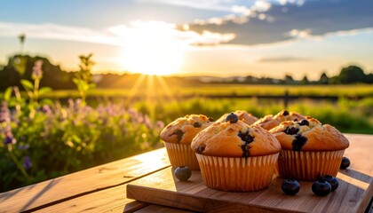 Delicious blueberry muffins on wooden board against a vibrant sunset backdrop