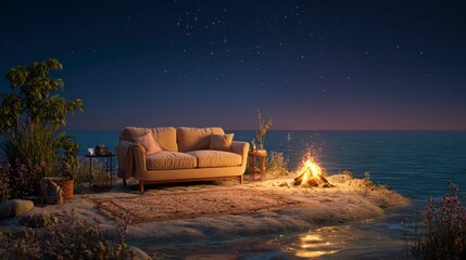Coastal nighttime couch by campfire