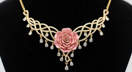 A delicate gold necklace featuring a large, enamel-painted pink rose, adorned with sparkling crystals, creating a glamorous and elegant piece.