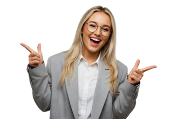 Excited young businesswoman pointing in opposite directions with a big smile