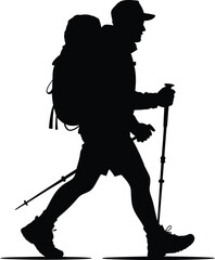 Silhouette hiker with backpack and poles trekking poles