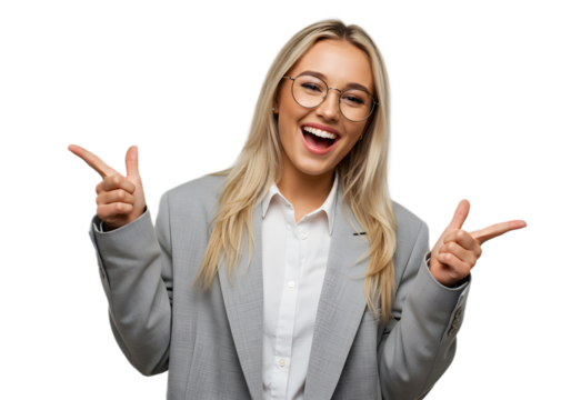 Excited young businesswoman pointing in opposite directions with a big smile