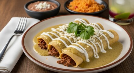 Three enchiladas, filled with savory meat, smothered in a vibrant green sauce, topped with creamy white sauce and shredded cheese, garnished with fresh cilantro, served on a plate, with a wooden...