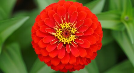 A vibrant red zinnia flower displays intricate, layered petals, creating a stunningly symmetrical, detailed design against a soft green background.