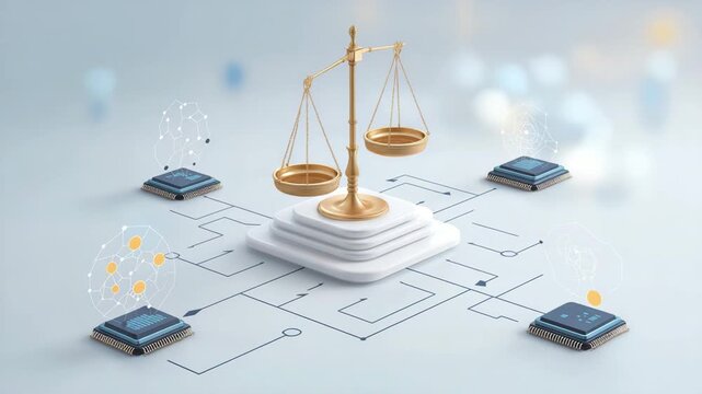 A scale with a computer chip on each side. Minimal infographic AI regulation process diagram with scales, gavel, and microchip icons, legal framework clean background