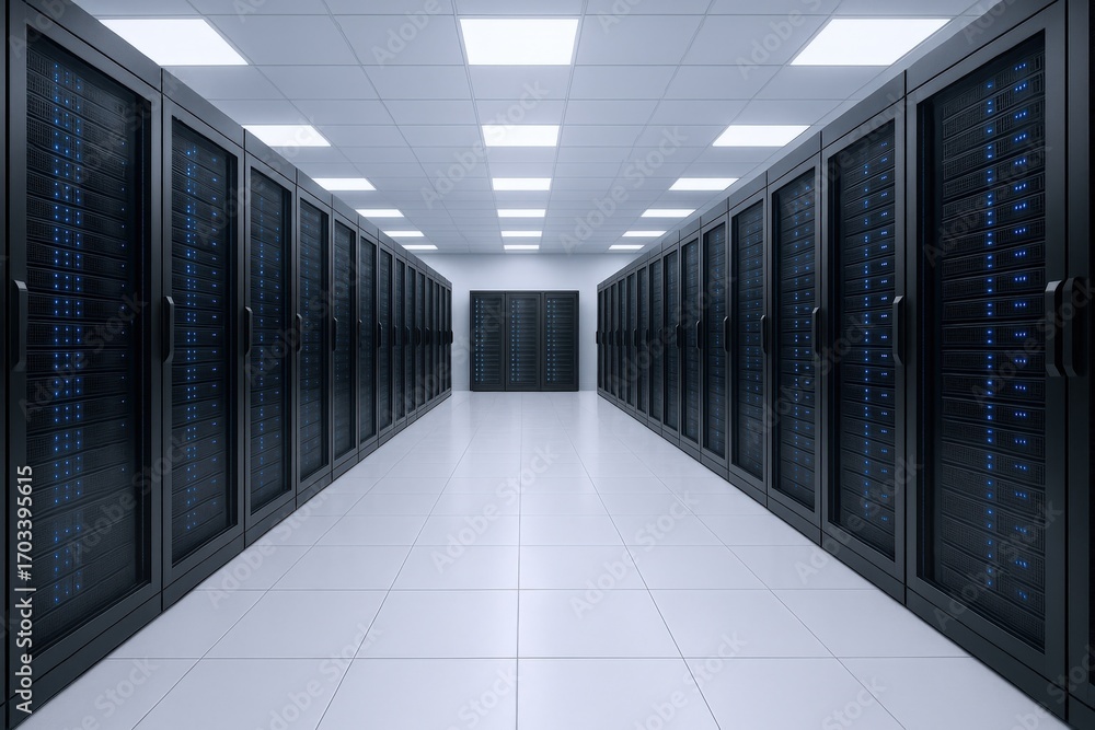 Poster data center room with rows of server racks, high-tech infrastructure for cloud computing and it solu