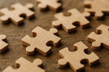 Fototapeta premium Wooden Puzzle Pieces Scattered on a Tabletop, Representing Strategy, Solutions, and Interconnectedness in Business