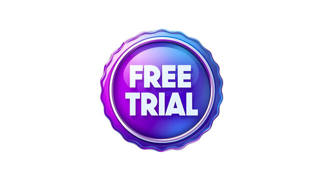 Glossy oval free trial badge with vibrant purple and blue gradient glow