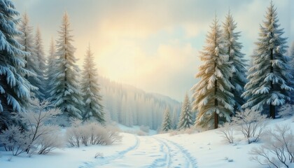 Naklejka premium A winter landscape with a snow-covered path surrounded by fir trees and bushes. A majestic mountain range can be seen far away, creating an atmosphere of tranquility and tranquility.