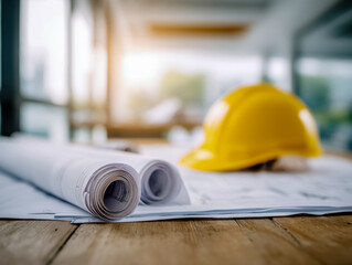 Fototapeta premium Architectural blueprints and a safety helmet placed on a wooden table in a bright, modern construction office environment, highlighting planning and safety in building projects