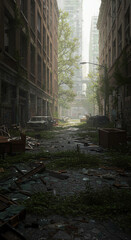 Abandoned urban street with overgrown nature and dilapidated buildings