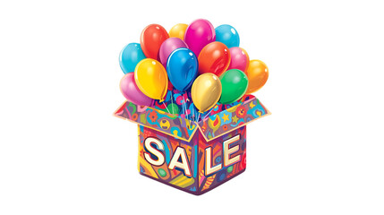 Colorful balloons bursting out of a sale box celebrating a special offer