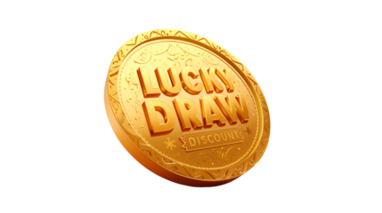 Golden lucky draw coin with embossed text on a black background