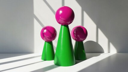 Three bright objects on white background green cones with pink balls. central cone is higher than other two, creating an interesting composition. Bright lighting highlights contours and shadows around