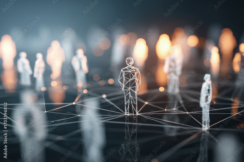 Poster digital network representing interconnected human figures in a futuristic environment
