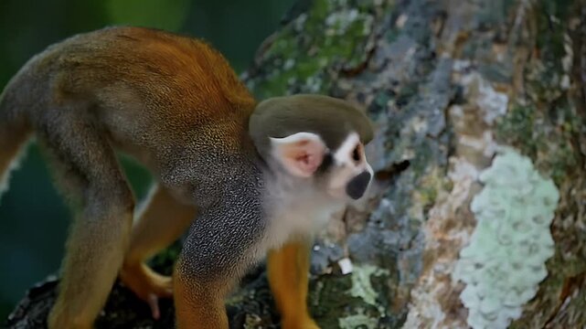 Common squirrel monkey (Saimiri sciureus) climbing on a tree