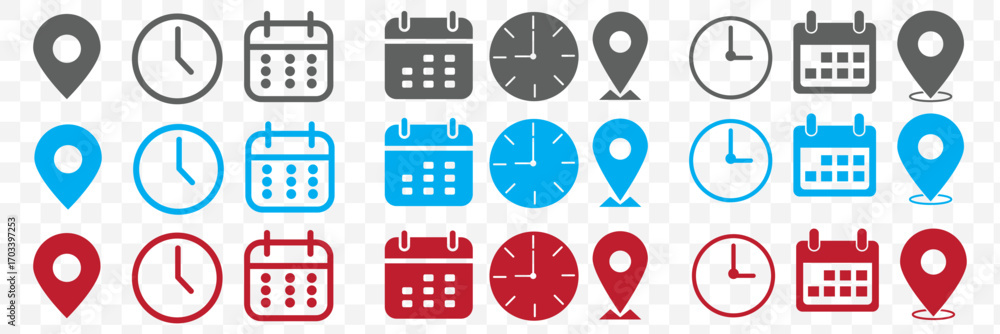 Aufkleber address time date icons set. address location icon. clock icon. calendar icon. time, date and addres