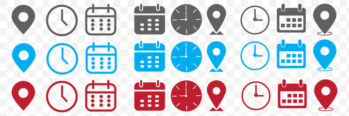 Address time date icons set. Address location icon. Clock icon. Calendar icon. Time, date and address icon set. Modern flat style, perfect for apps, maps, schedules, and business use. Vector Eps 10
