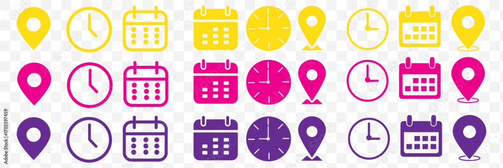 Aufkleber address time date icons set. address location icon. clock icon. calendar icon. time, date and addres