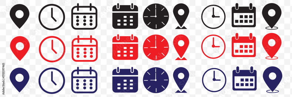 Poster address time date icons set. address location icon. clock icon. calendar icon. time, date and addres