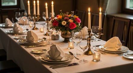Elegant Formal Dinner Table with Candles, White Napkins and Floral Centerpiece