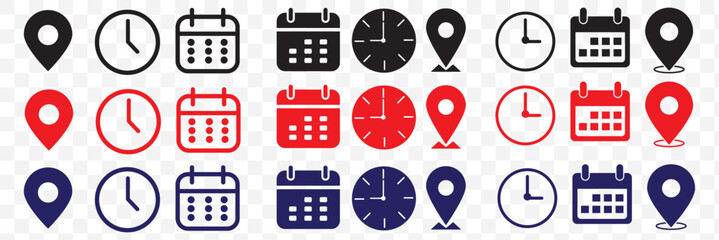 Address time date icons set. Address location icon. Clock icon. Calendar icon. Time, date and address icon set. Modern flat style, perfect for apps, maps, schedules, and business use. Vector Eps 10