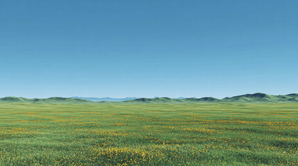 Vast, grassy plain under a clear blue sky, with gentle hills in the distance.