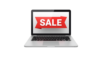 Laptop displaying a prominent red sale banner on its screen against a black background