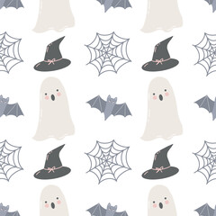 Halloween ghost pattern. Seamless autumn pattern with hand drawn cute ghosts on white background. Funny ghosts, bats, spider web and hat. Cute childish background. Pastel colors. Vector illustration.