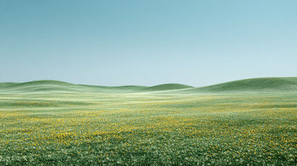 Naklejka premium A vast, serene landscape of rolling green hills and a meadow of yellow wildflowers under a clear, pale blue sky.