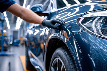 Skilled technician inspecting luxury car in a modern auto workshop