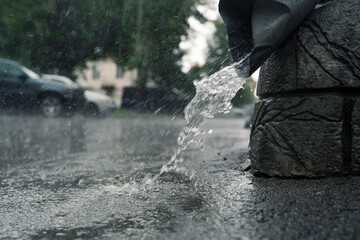 Obraz premium rain in the city, water flow from the drain, water drains from the pipe, water flow during the rain