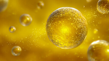 Floating golden spheres radiating light with dynamic glowing particles in a vibrant yellow abstract background creating a sense of depth and motion