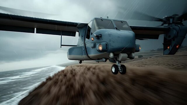 Futuristic Aircraft with Rotating Propellers Flies Over Stormy Coastal Landscape Showcasing Advanced Technology and Dynamic Motion in Dramatic Scene