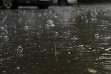 rain in the city, the flow of water along the city street during a downpour, bubbles, drops and splashes during rain