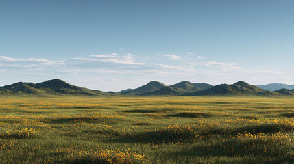 Vast grassy plains stretch towards a line of low mountains under a partly cloudy sky.