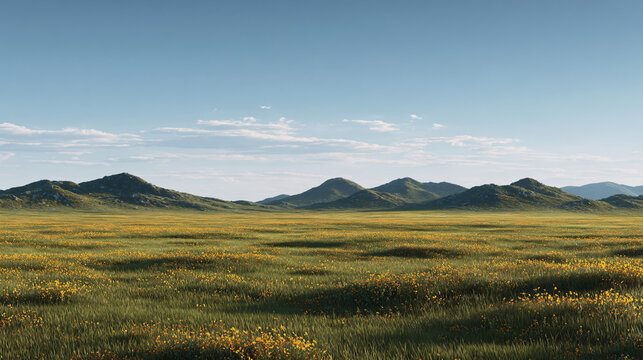 Vast grassy plains stretch towards a line of low mountains under a partly cloudy sky.