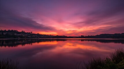 Obraz premium The evening glow reflects on the calm surface of the water, with an open sky that leaves ample blank space for text or design elements, capturing the serene and peaceful natural scene of the evening.