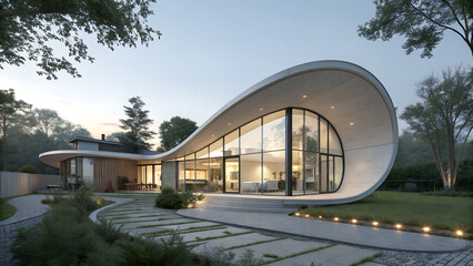 Obraz premium Modern house with curved roof and glass facade surrounded by trees and a stone pathway at dusk